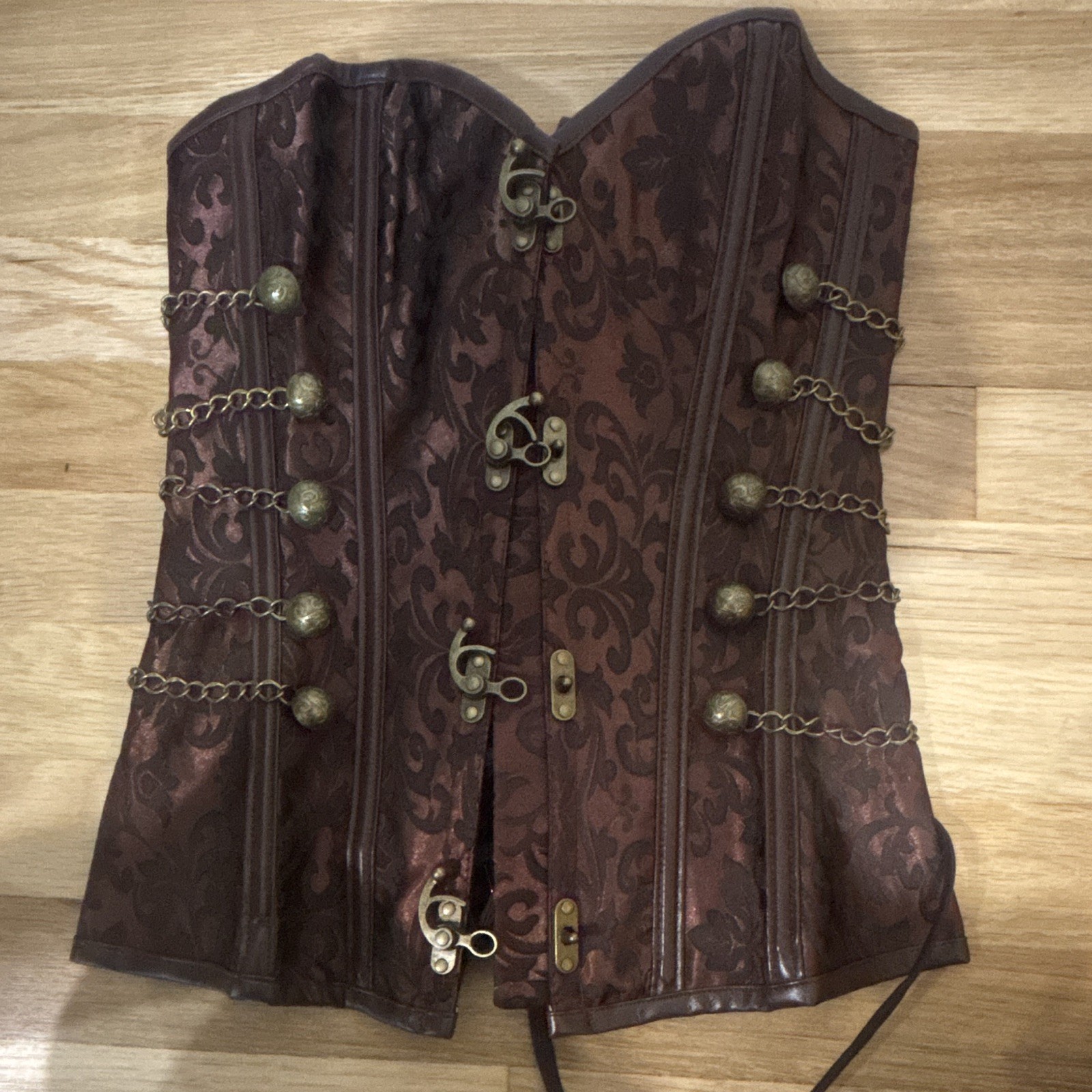 Women’s Brown Damask Overbust Lace-Up Boned Strapless Corset Top XS