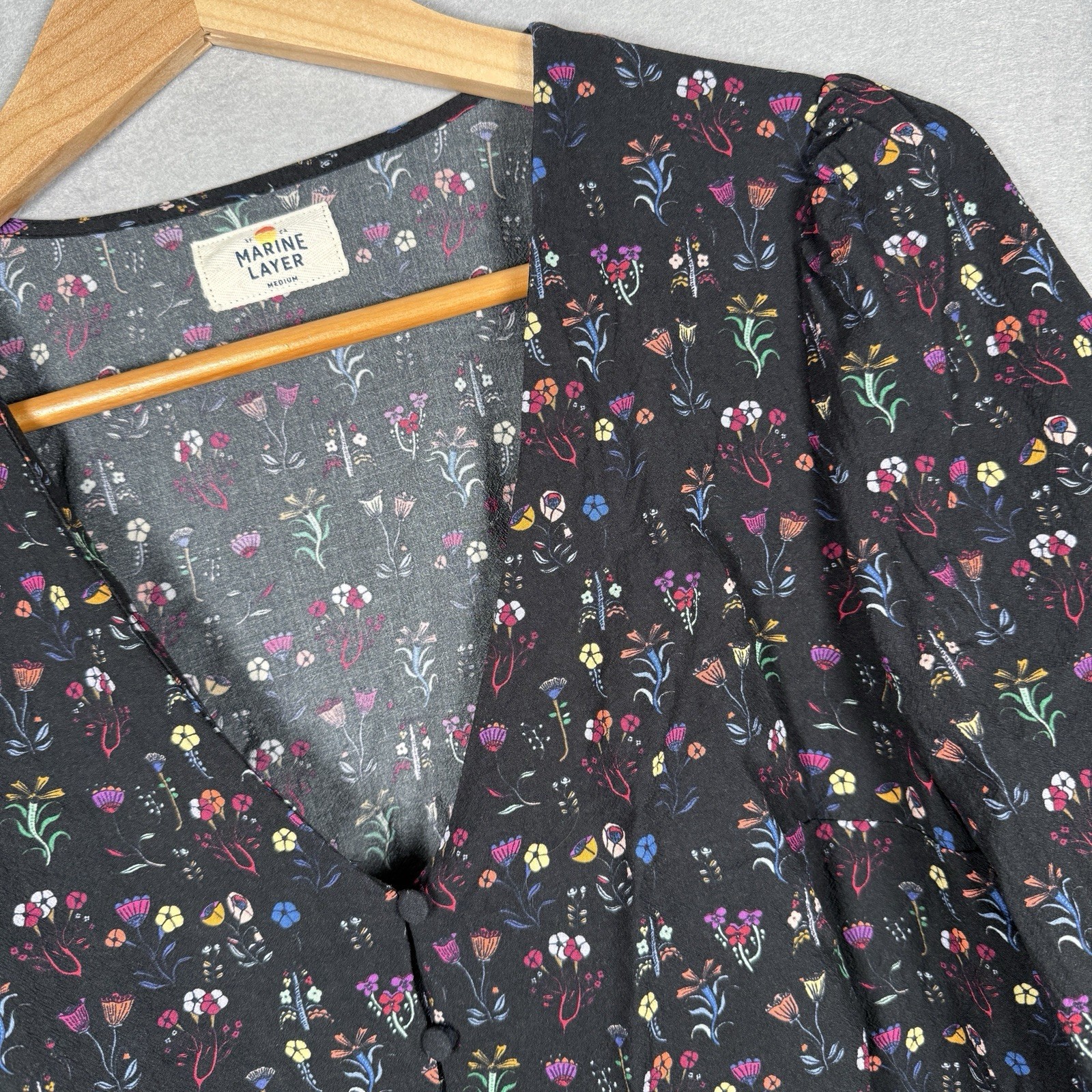 Marine Layer Stacy Floral Top Peasant Boho Cottage Dark Fairy Black Flowers Sz M