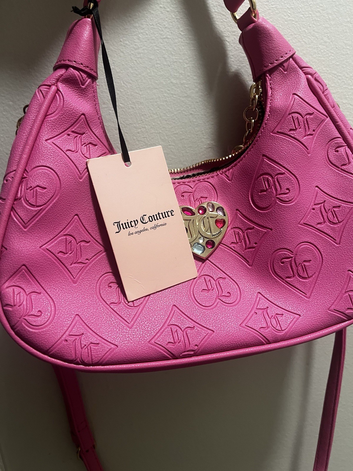 Juicy Couture Pink Embossed Logo Hobo Shoulder Bag Rhinestone Heart Charm Zip