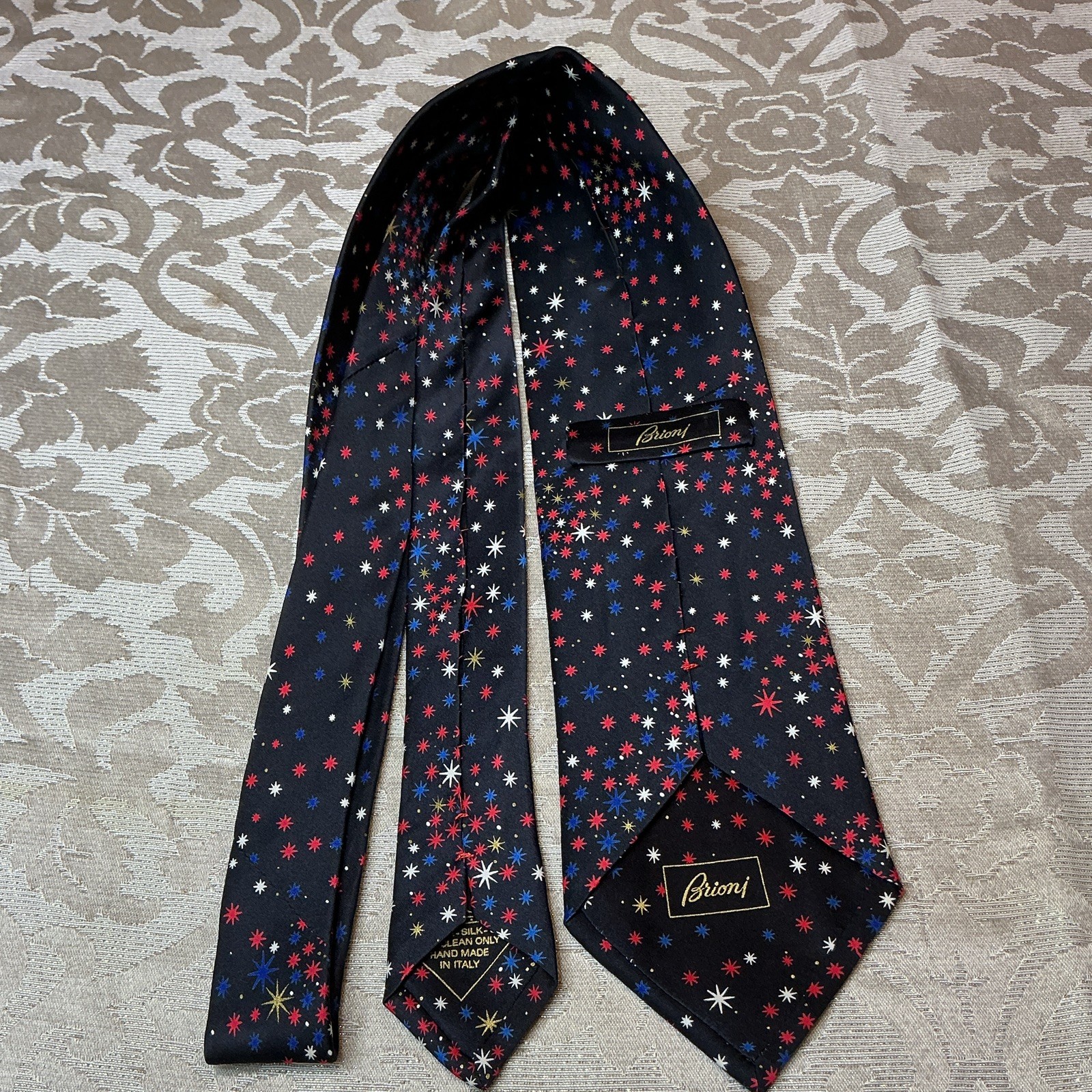 Brioni Men’s Silk Stars & Sky Tie Navy/Red/White/Blue/Gold Logo 1-Piece