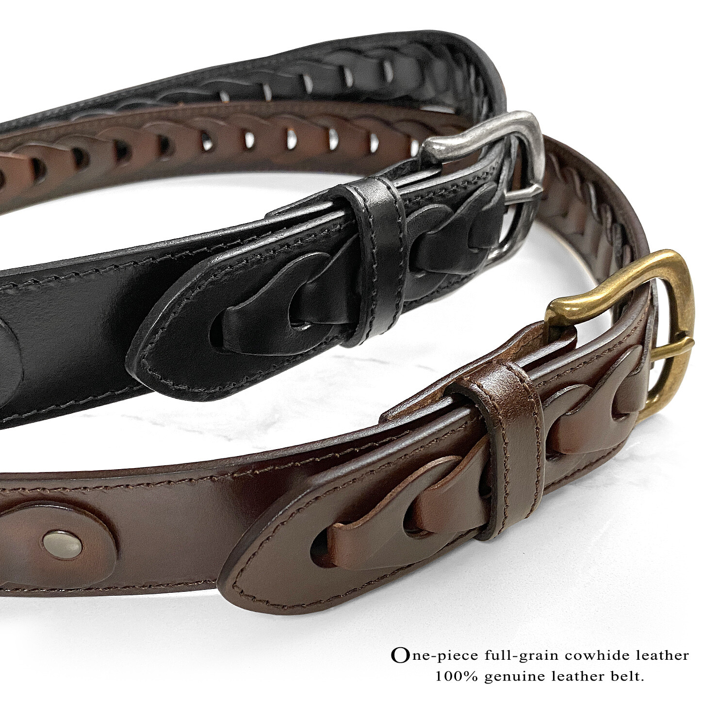 Men’s Braided Genuine Full Leather Casual Jean Belt 1-1/2″ Wide, Black Brown