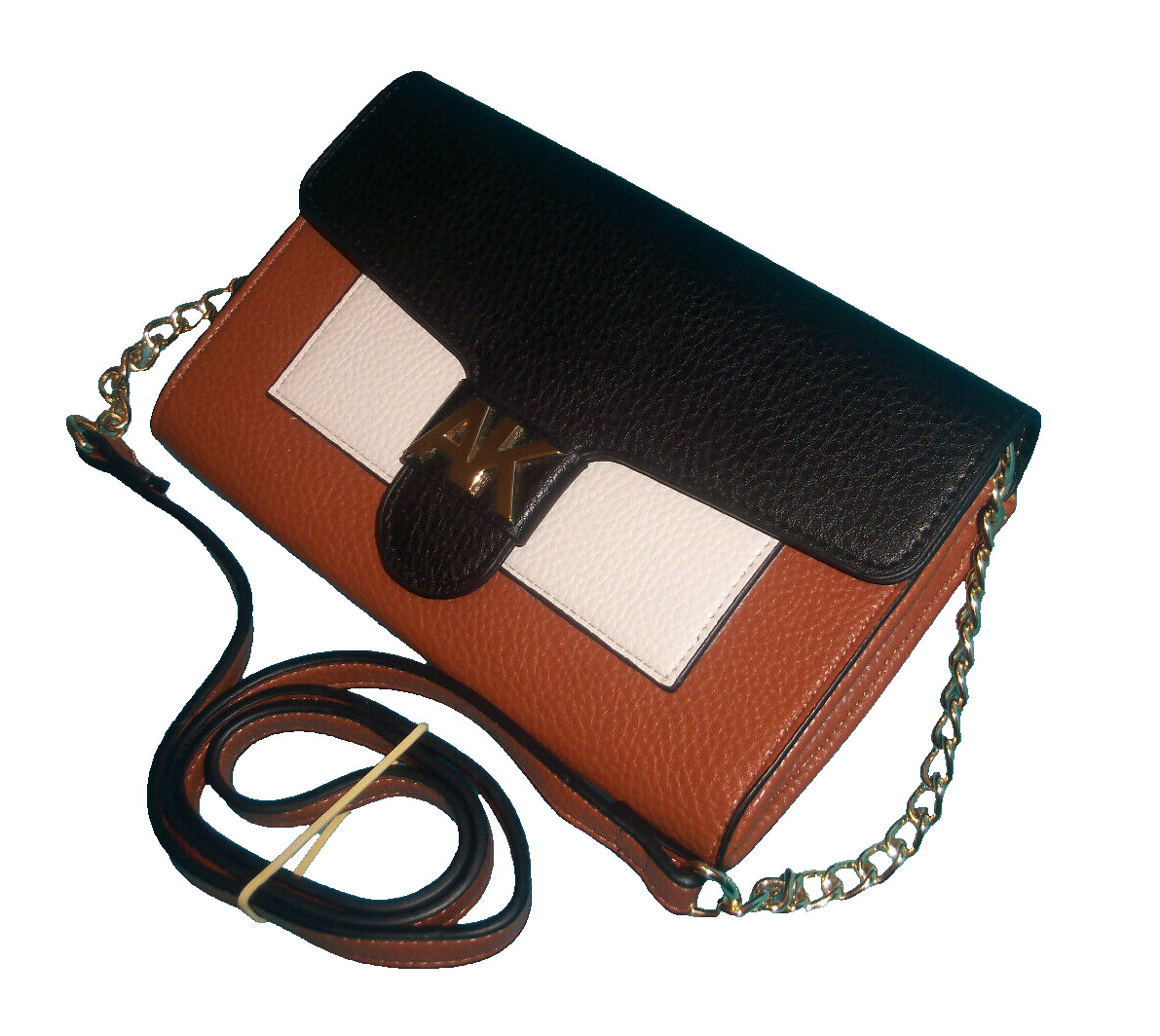 New ANNE KLIEN Black & Saddle Brown Wallet Crossbody Bag – CHAIN STRAP – PEBBLED
