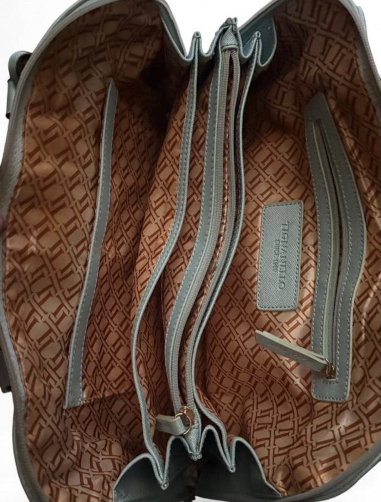 Tignanello Blue Logo Satchel Top Handle Bag Zip Closure Gold Hardware