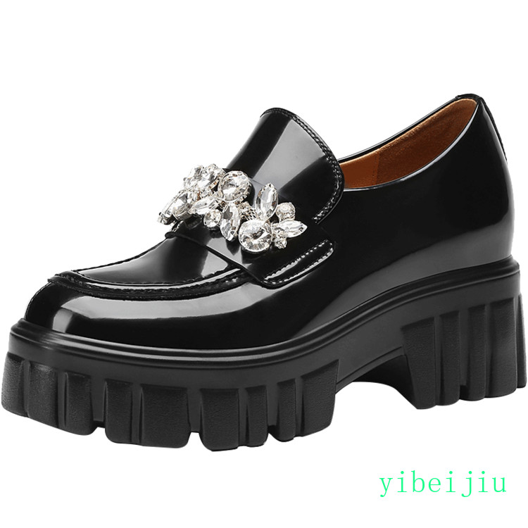 Round Toe Mary Janes Women’s High Platform Heels Rhinestones Shoes Leather Pumps