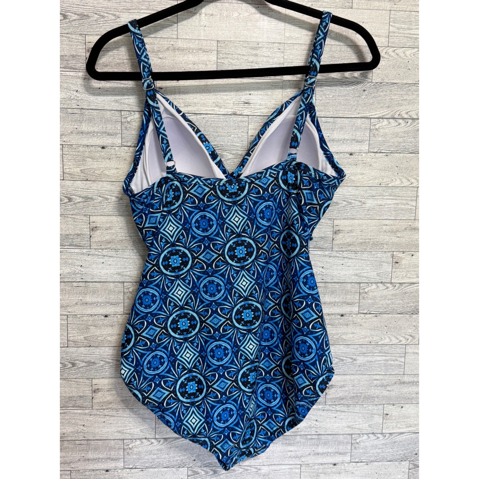 Jantzen Womens Blue Geometric Ruched One Piece Swimsuit Surplice V-Neck Large