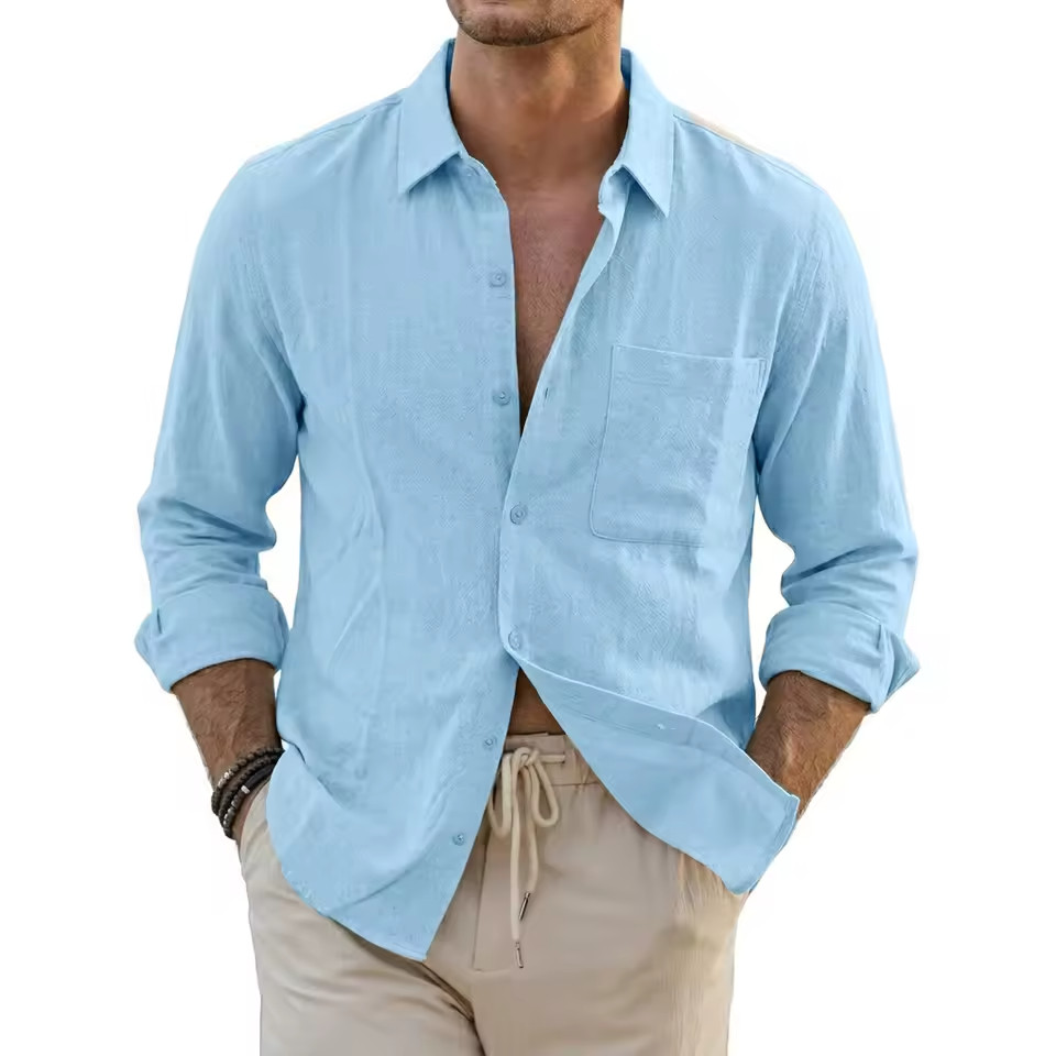 Mens Linen Shirt Casual Long Sleeve Buttons Cotton Tshirts Loose Fit Beach Tops