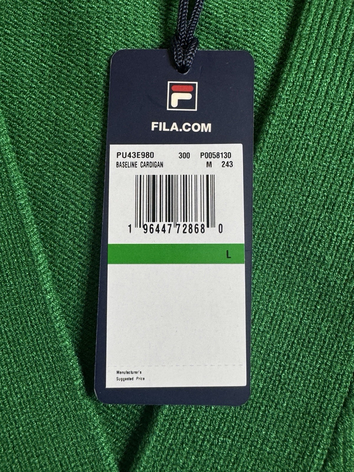 FILA Men’s Baseline Cardigan – Amazon Green, Large, w/ F-Box Logo ($150 Retail)