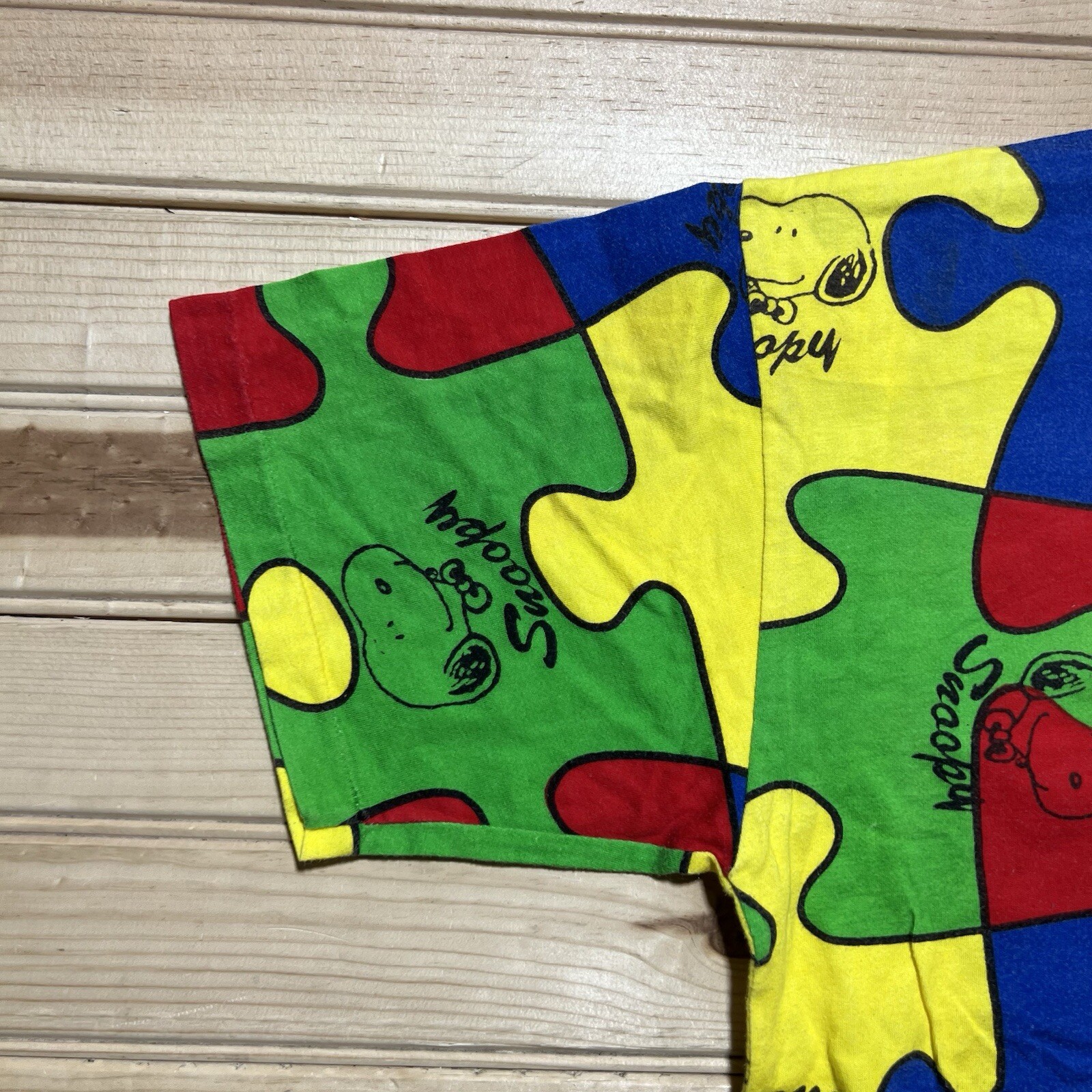 Vintage 80s Snoopy Peanuts AOP Puzzle Multicolor Shirt Size Medium