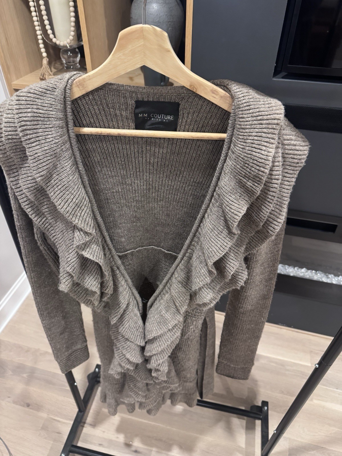 Small Taupe Ruffle Front Wool Blend Knit Cardigan Sweater