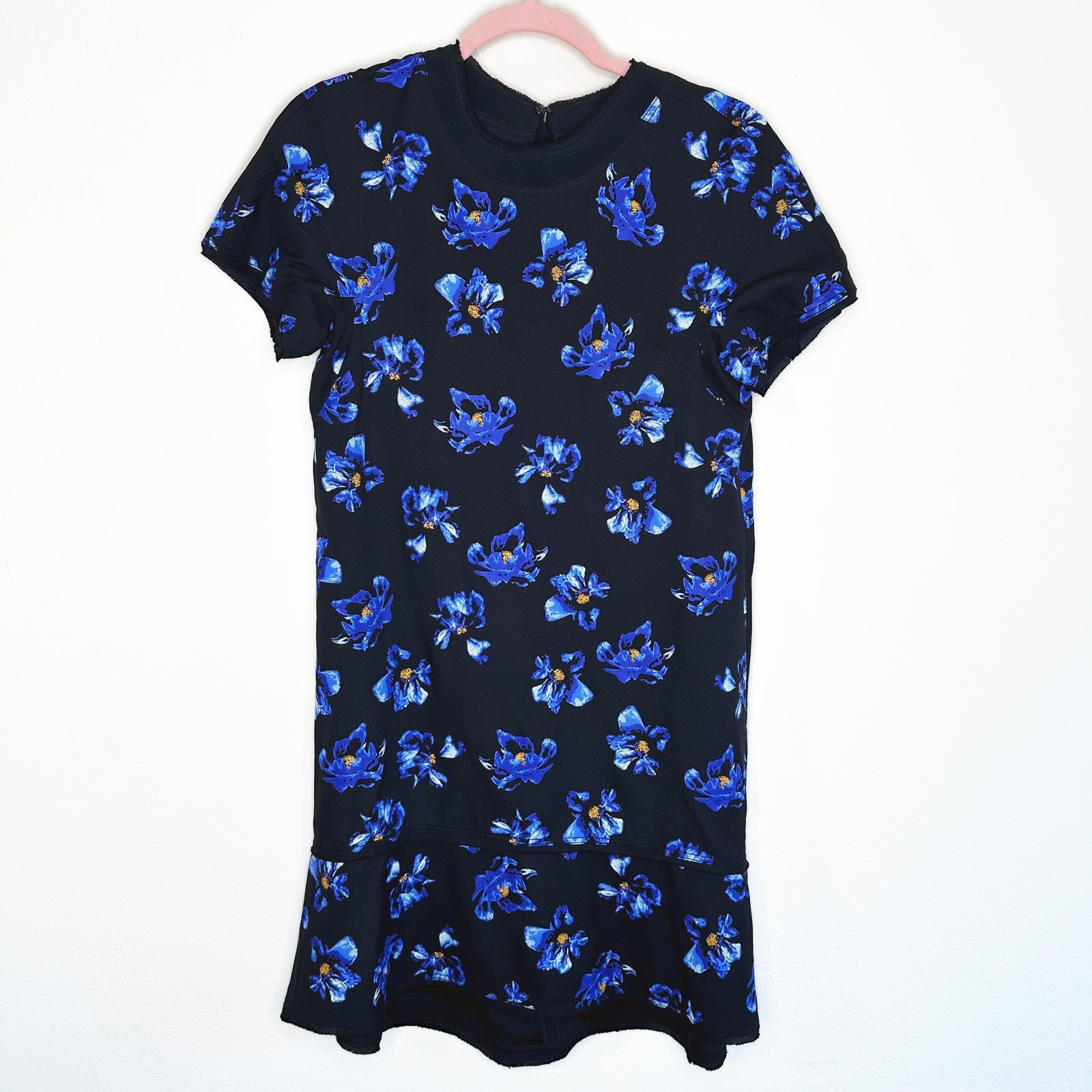 Proenza Schouler Floral Print Blue Black Tie Back Short Sleeve Mini Shift Dress