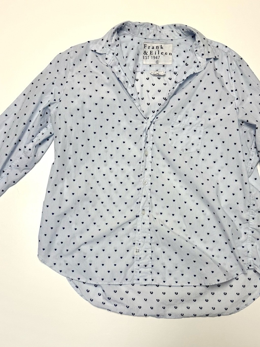 Frank & Eileen Eileen Heart Print Button Front Shirt Blue Stripe Large