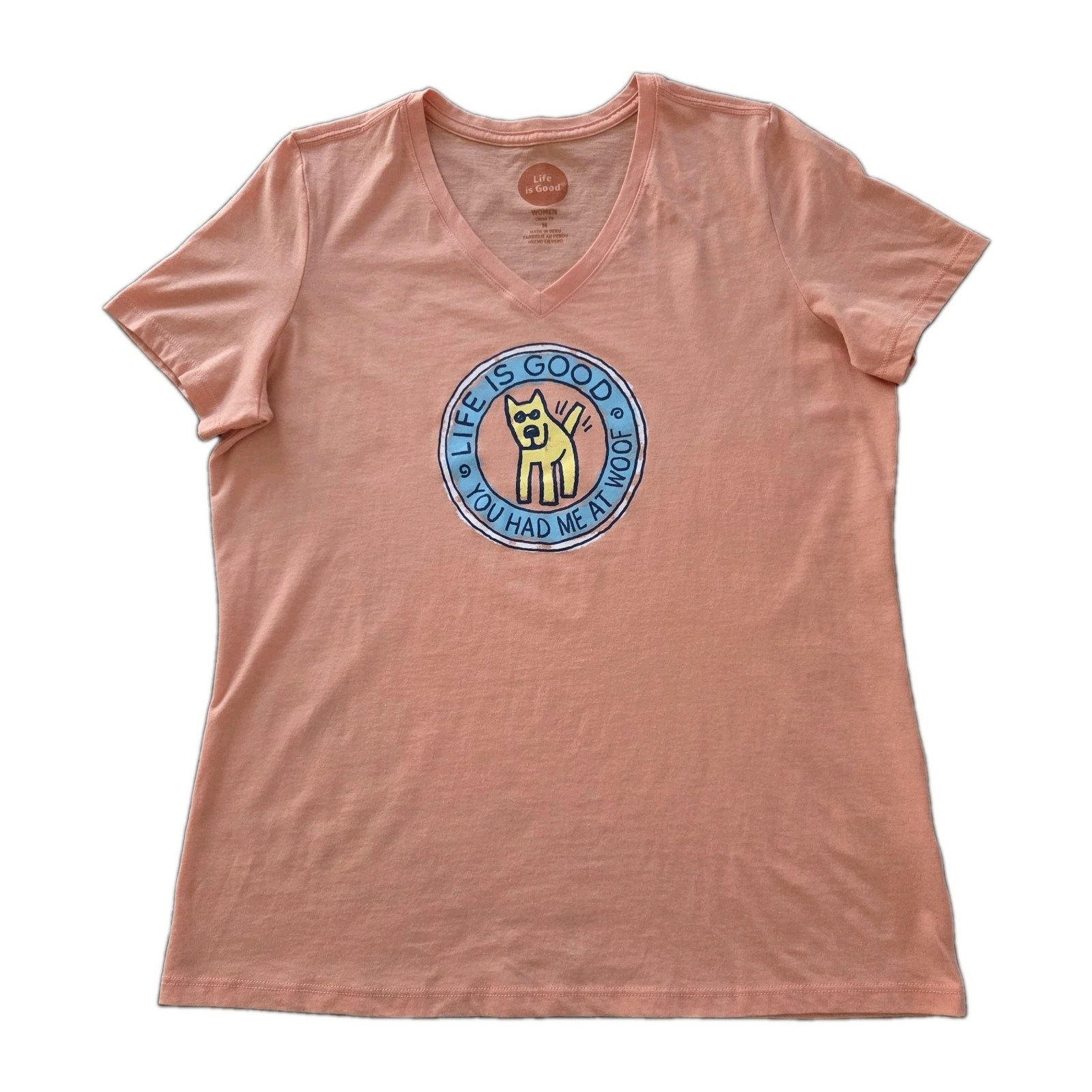 Life Is Good Crusher V-Neck Tee Women’s M Orange You Had Me At Woof Shirt Casual
