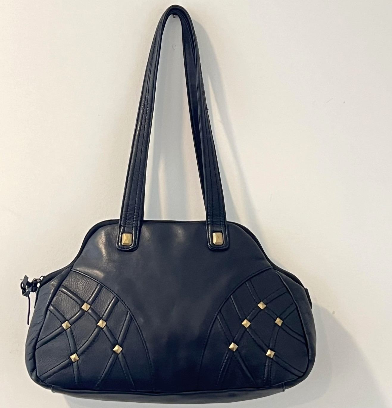 Stone Mountain Shoulder Bag Womens Medium Black Leather Studded Gold Hardware