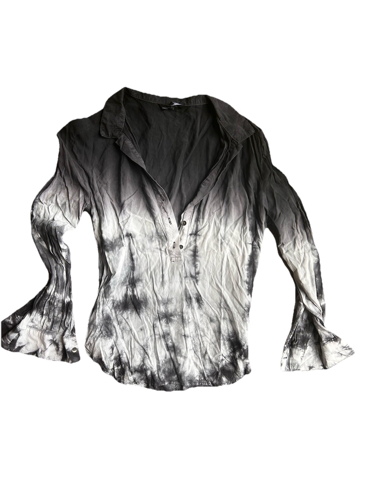 Rock & Republic Black Gray Ombre Tie Dye Button Front Blouse Size Small Y2K 90s