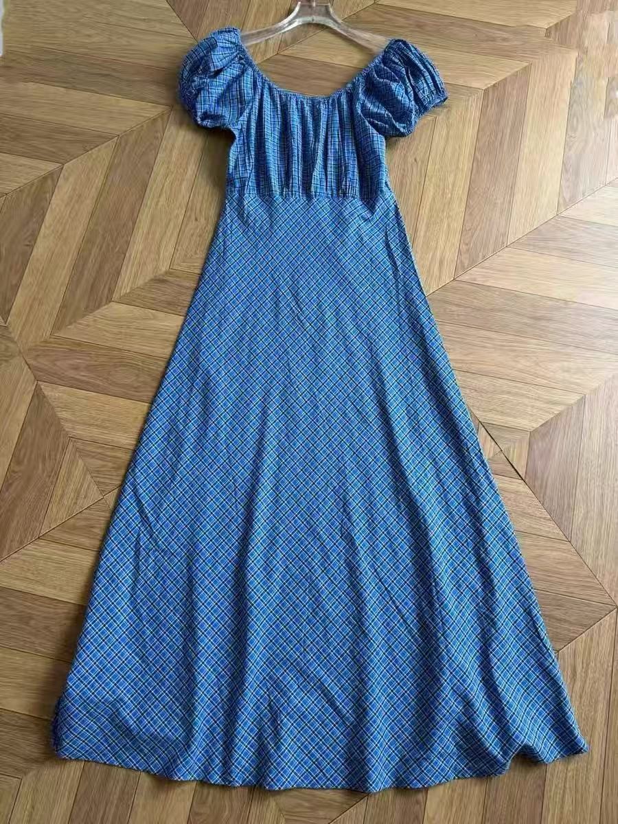 NWT Doen Elegant plaid slim fit long skirt with bubble sleeves and round neck dr