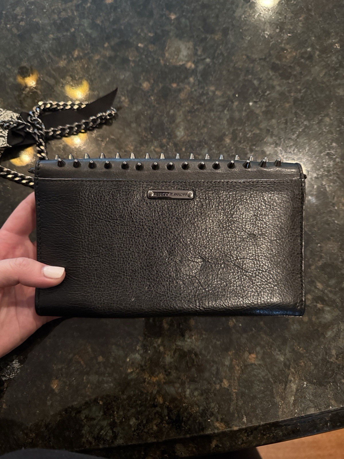 REBECCA MINKOFF Studded Chain Crossbody Mini Wallet Bag Black Leather