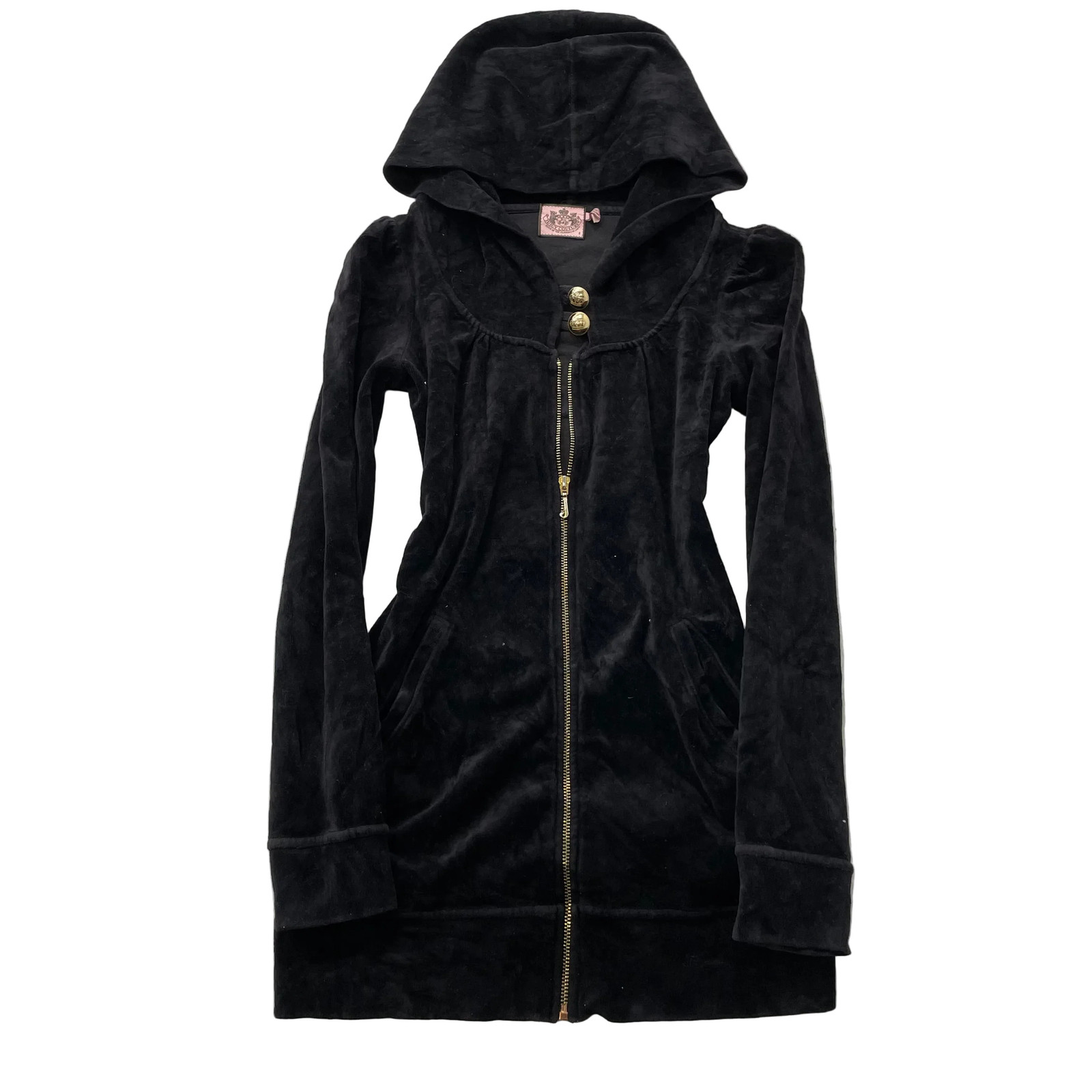 Vintage Juicy Couture Women’s Black Velour Zip-Up Hoodie Front Button Y2K Size S