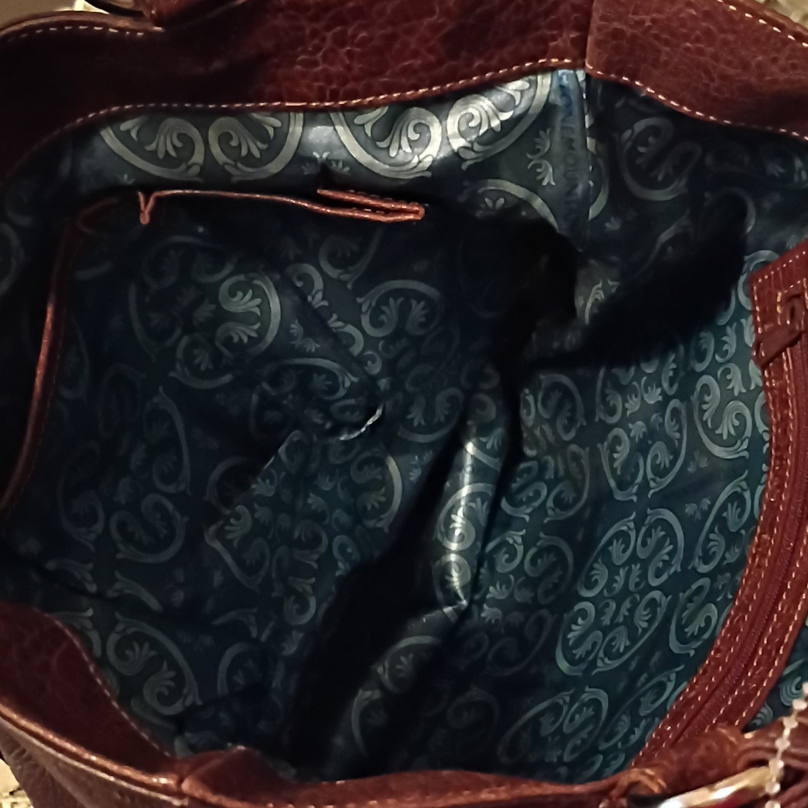 Brown Shoulder Bag Buckle Accent Zipper Pebbled Finish Double Handles Blue Lined