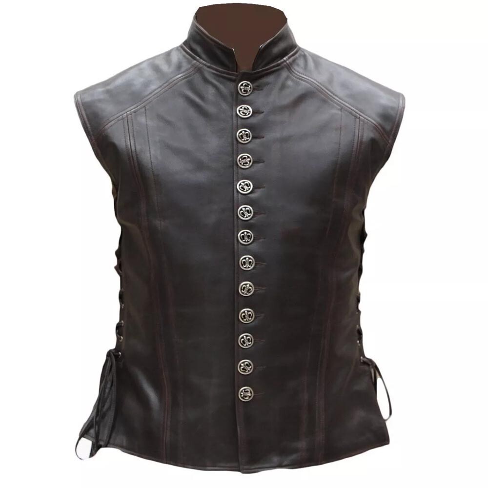 Button and straps closer leather vest brown color for men