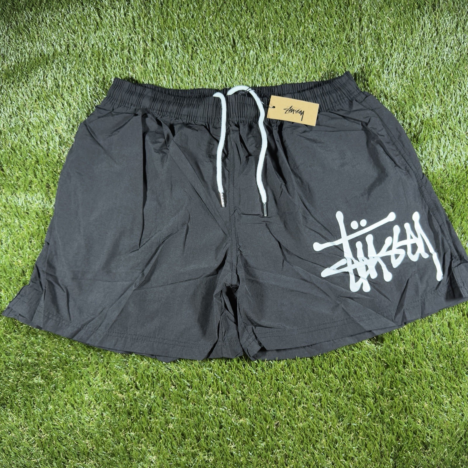 Stussy Men’s Black Solid Sweat Shorts M Drawstring Closure, Slash Pockets Logo