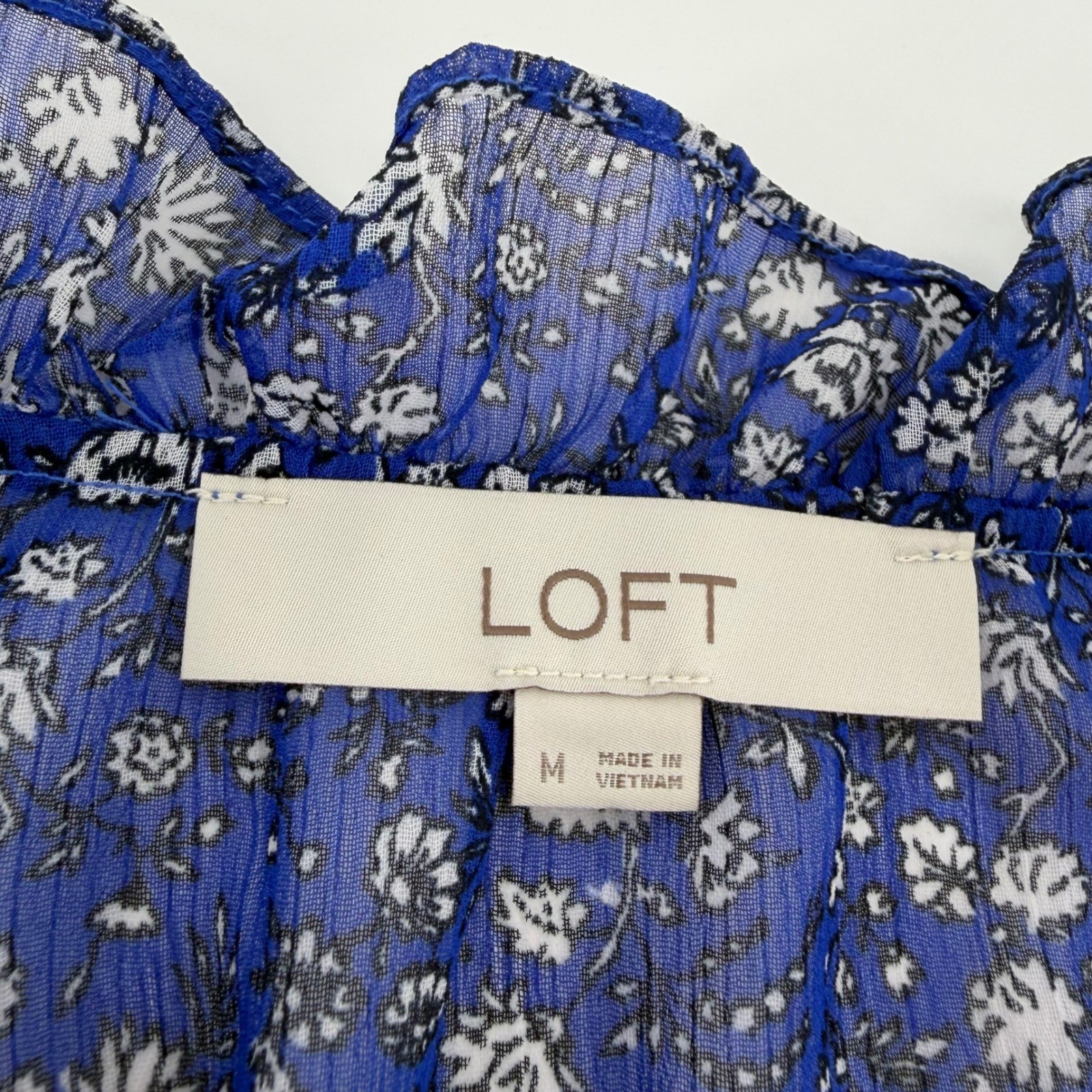 LOFT Floral Blouse Blue Womens Size M Ruffle Neck Smocked Cuff Sheer Top
