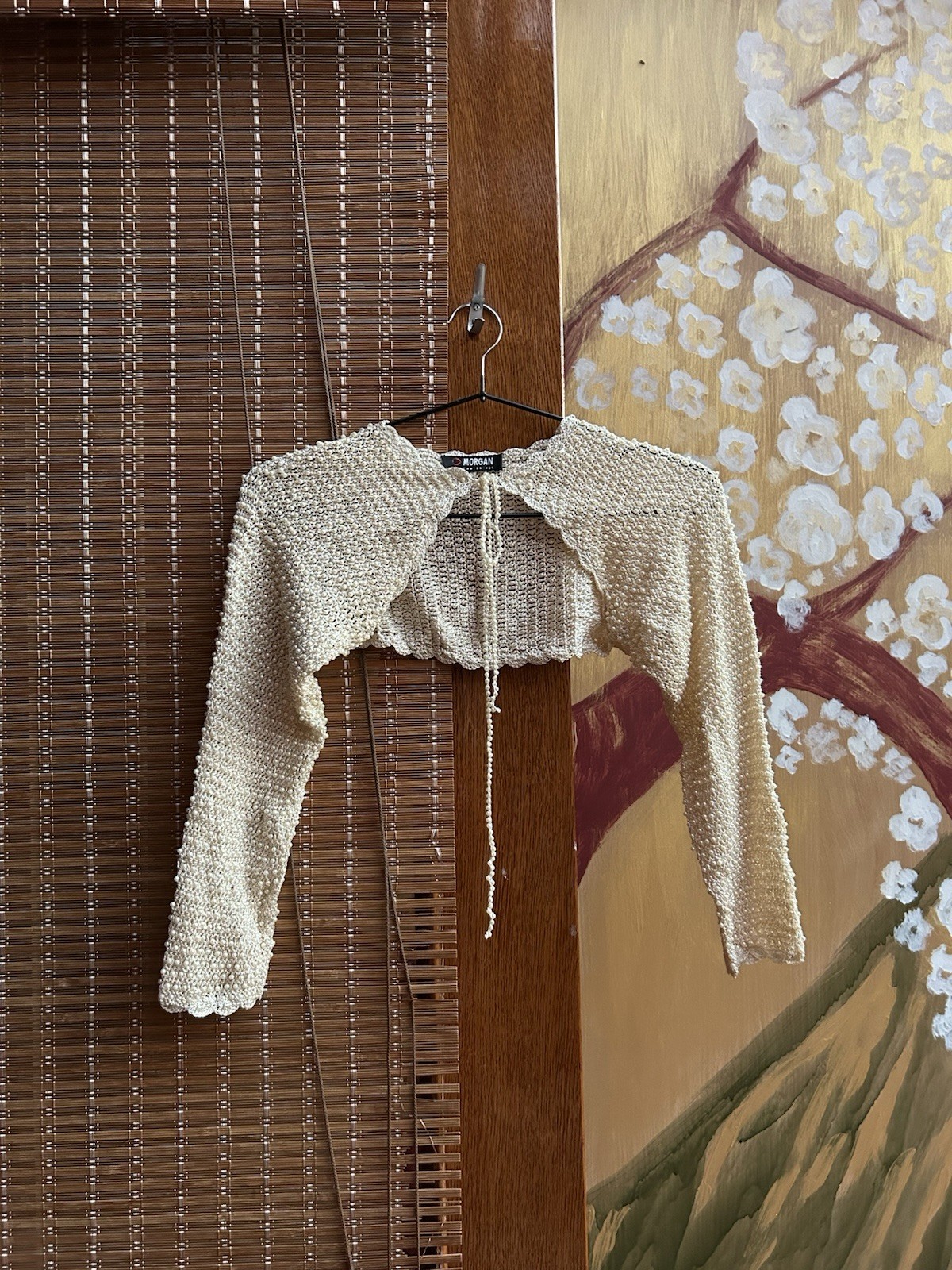 Y2K Morgan De Toi Cream Crochet Beaded Bolero Shrug Tie Front