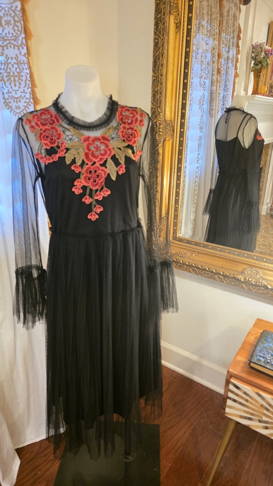 Hesperus Black Mesh Floral Embroidered Sheer Long Sleeve Midi Dress Women Party