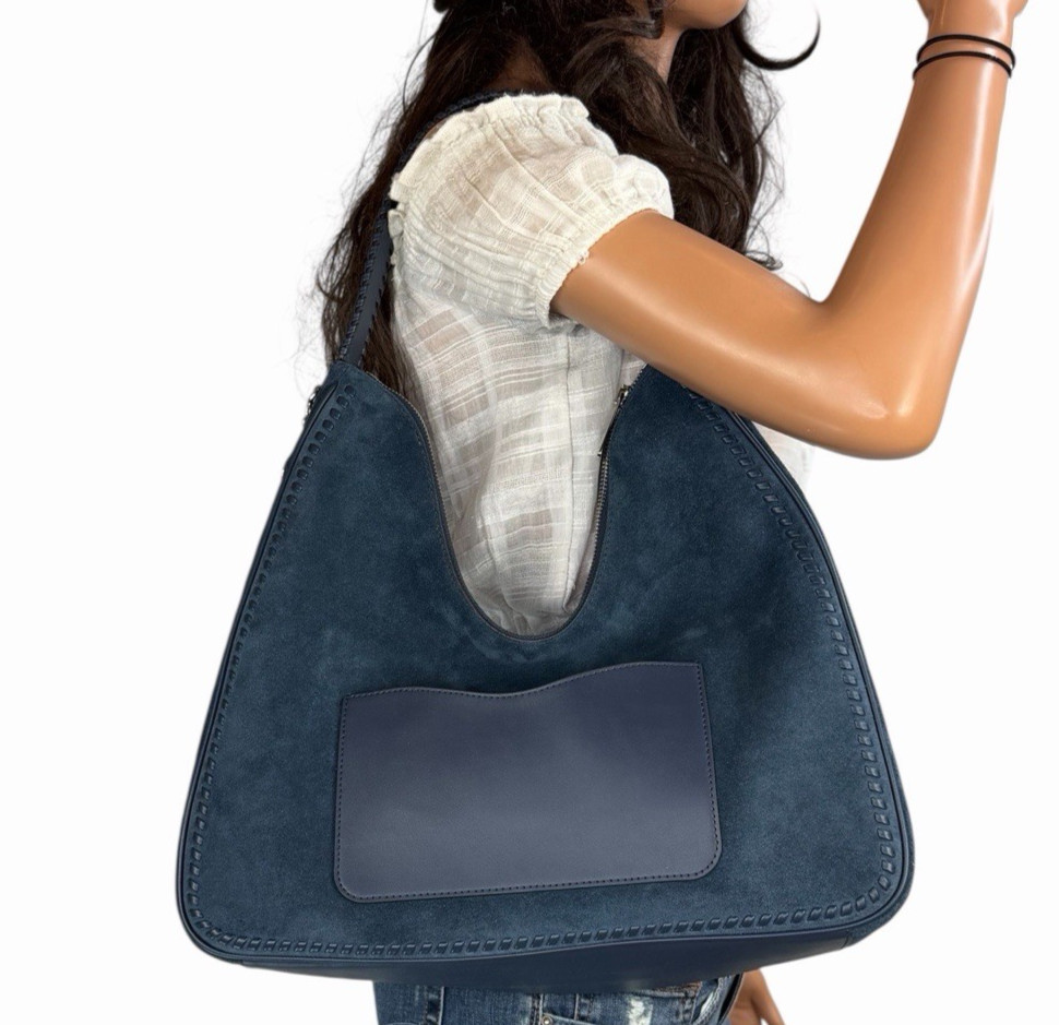 Michael Kors Nayla Medium Suede Leather Hobo Shoulder Bag Navy/Silver