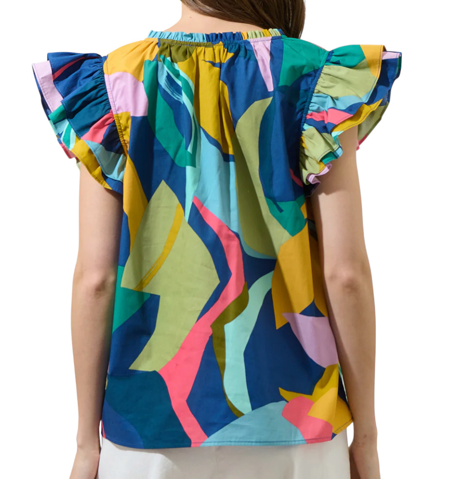 SUGARLIPS SUGAR LIPS Gia Abstract Risette Ruffle SPLIT NECK TOP Multi-Color SZ L