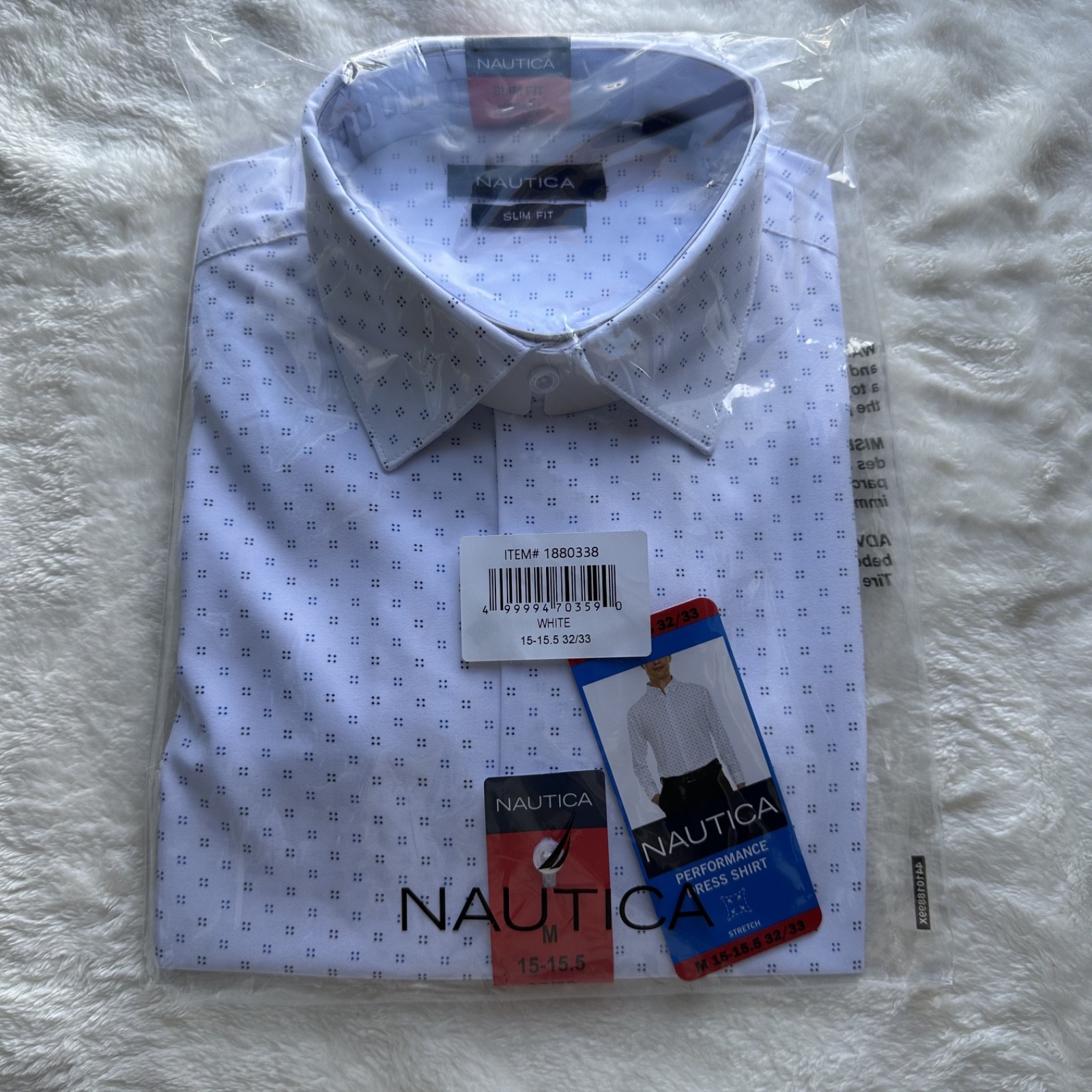 Nautica Slim Fit Performance Dress Shirt Mens M 15-15.5 32/33 White Dot Stretch