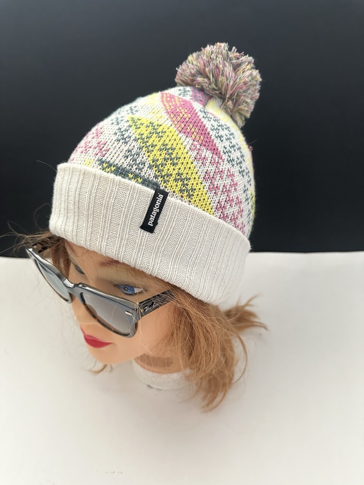 Womens Patagonia Powder Town Cuffed Winter Pom Hat Ivory/Multicolor print OSFM