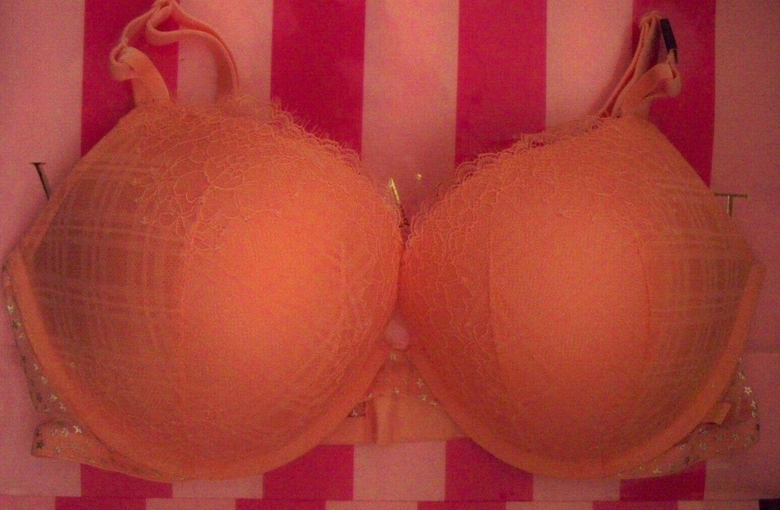 38D Peach LACE Mesh STAR Wings VELVET Strap Victorias Secret Plunge PU UW Bra