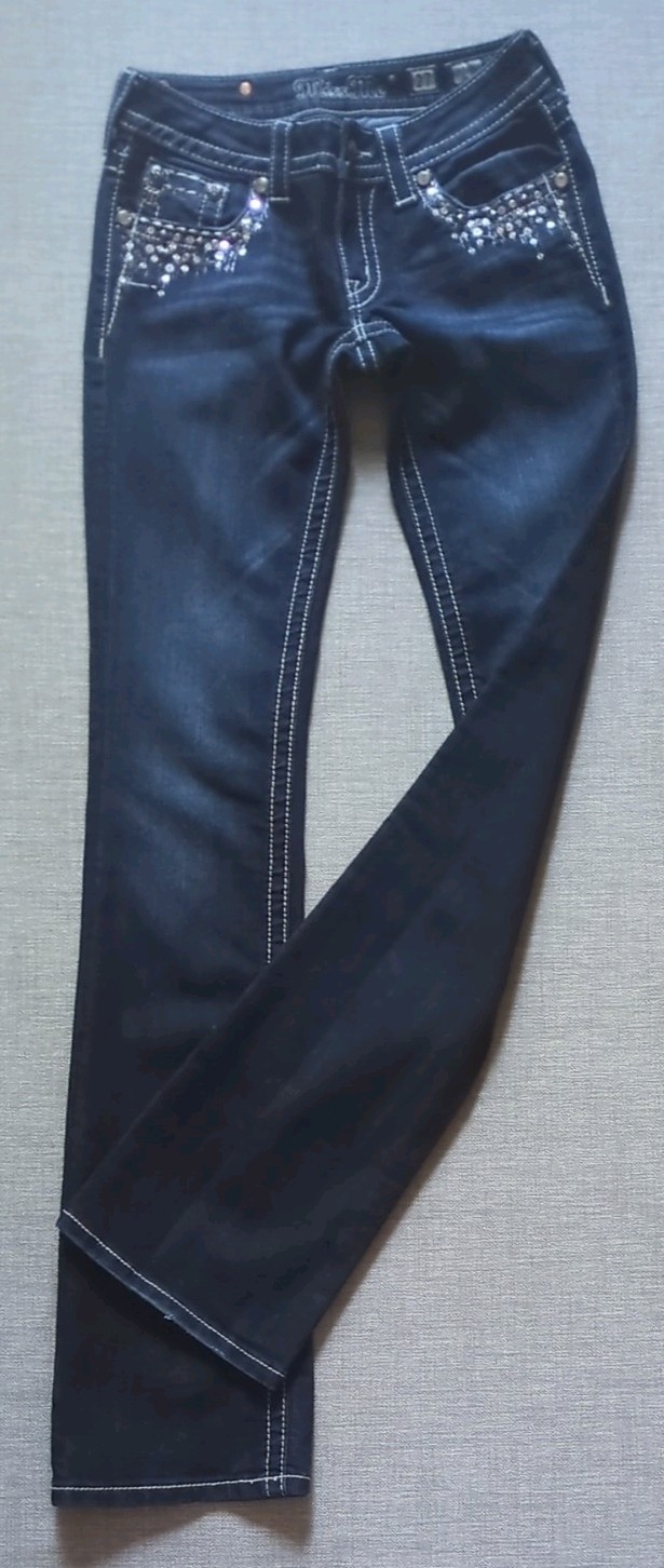 Miss Me Boot Cut Low Rise Y2K Style Jeans JE5682B2Z 27×37 Dark Embellished