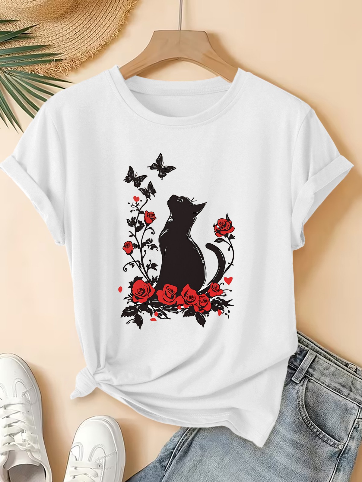 Summer Women’S Round Neck Short Sleeve T-Shirt Cat Butterfly Print Casual Top▧