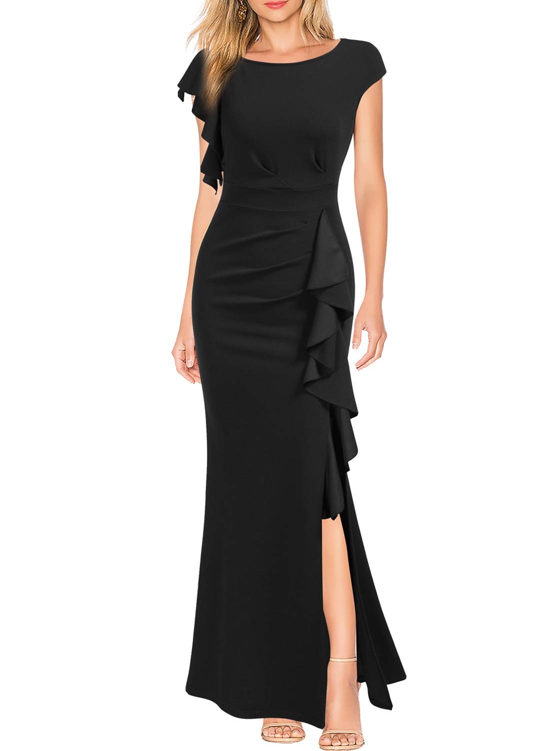 WOOSEA Women’s Bodycon Mermaid Evening Cocktail Dress Black Off-Shoulder Large