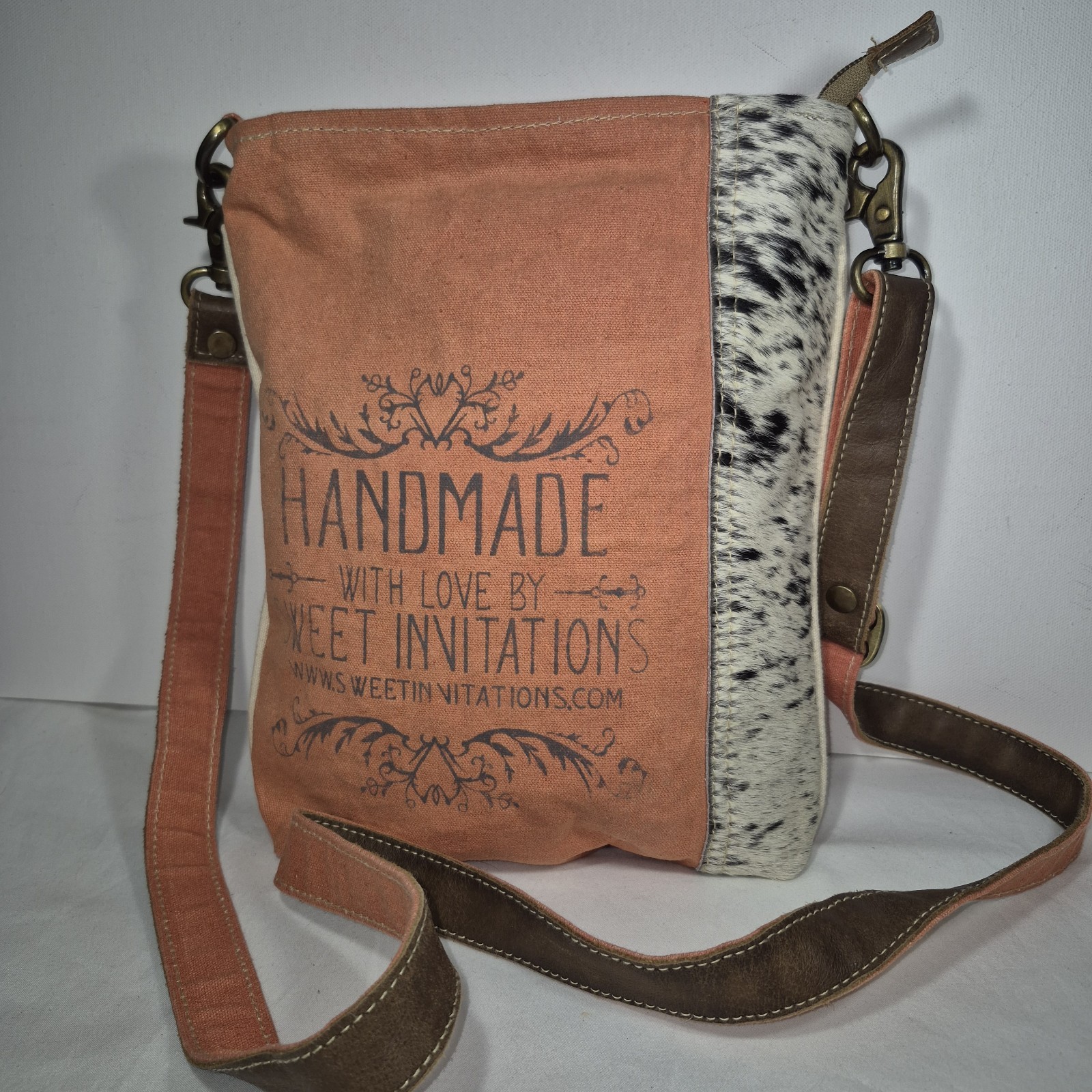 Clea Ray Upcycled Canvas Crossbody Bag Cowhide Handmade With Love Coral Adjust
