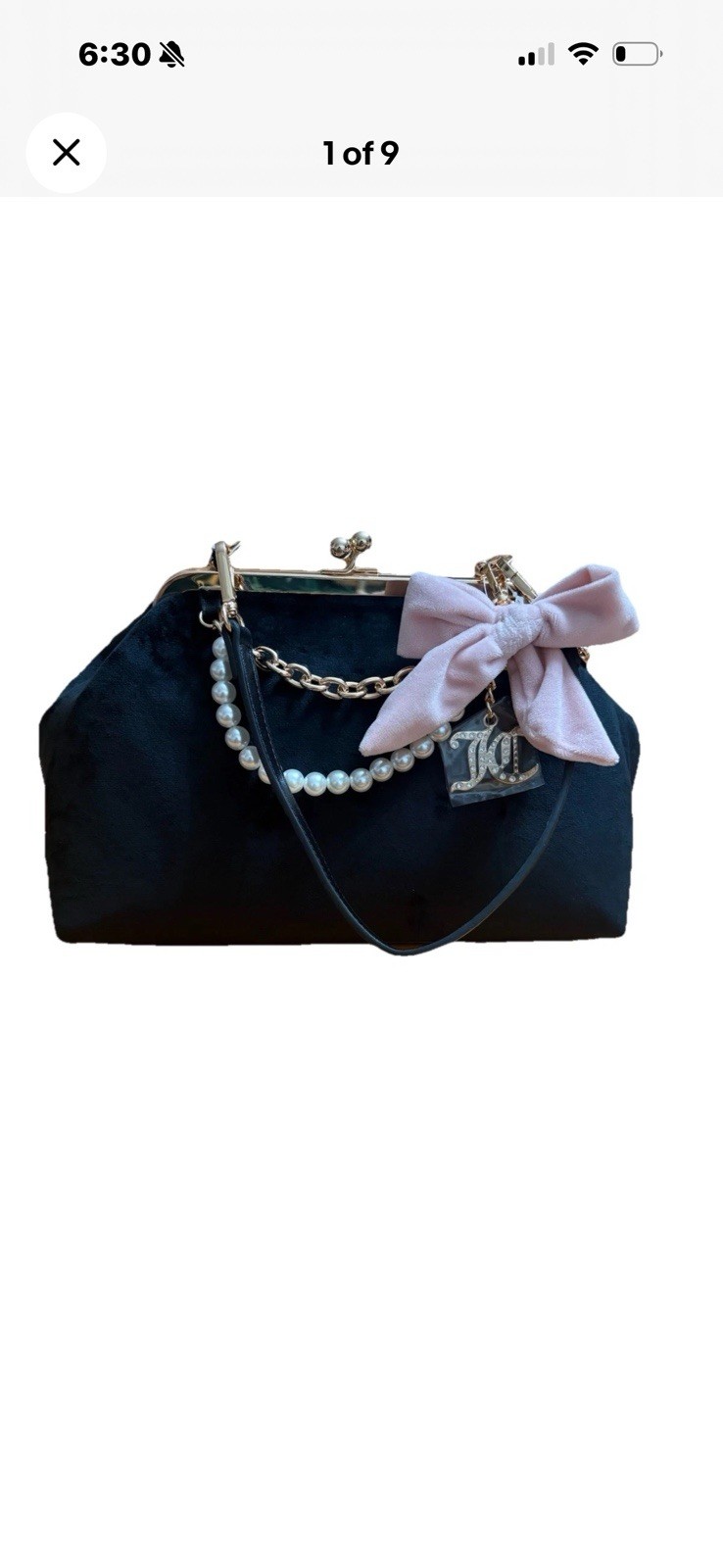 Juicy Couture Black Velvet Clutch Kiss Lock Bow Pearl/Beaded Chain ShoulderStrap