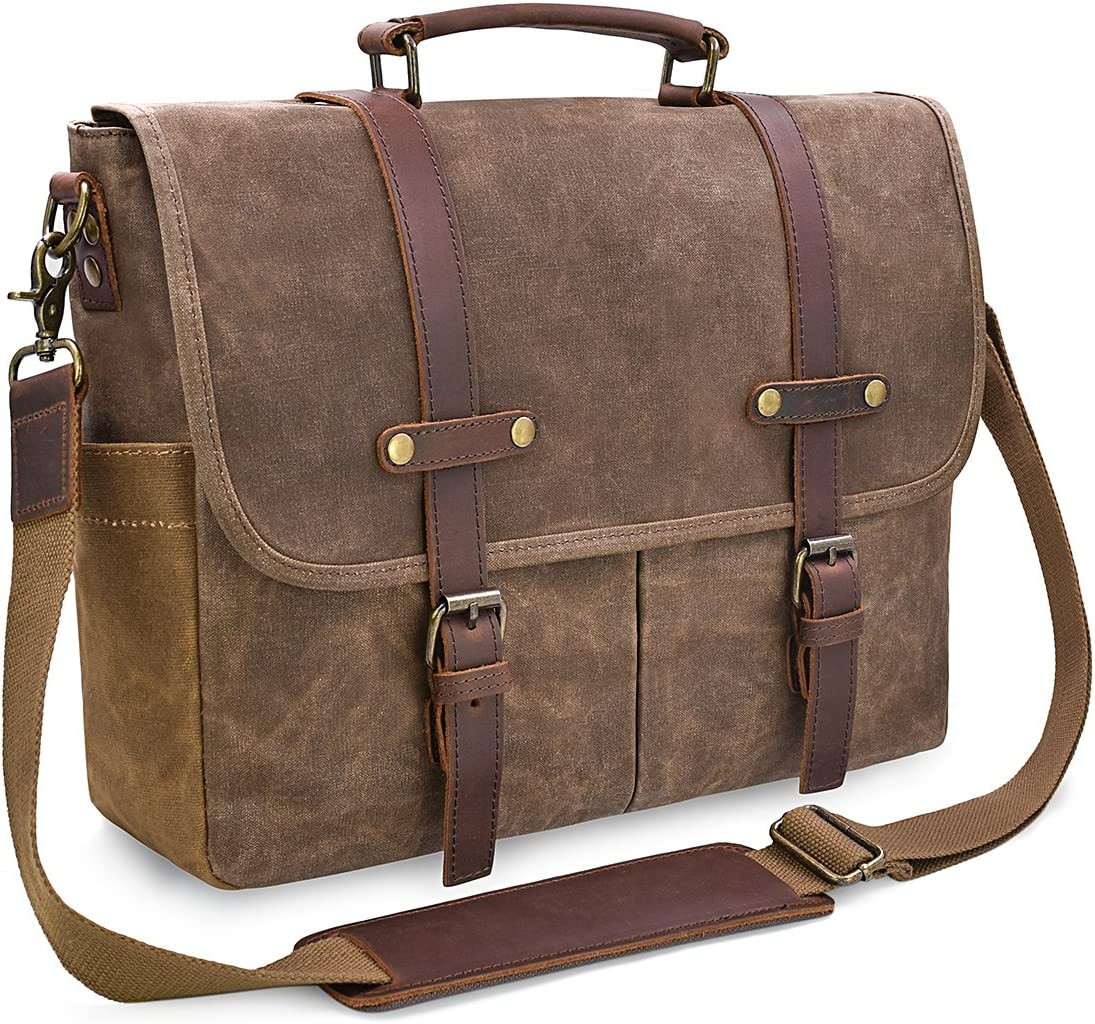 Waterproof Vintage Genuine Leather Messenger Bag 15.6 Inch Laptop – Brown