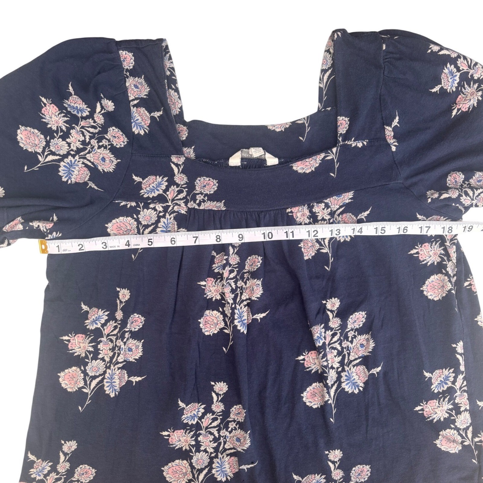 Lucky Brand Floral Blouse Womens Large Navy Blue Square Neck Boho Top