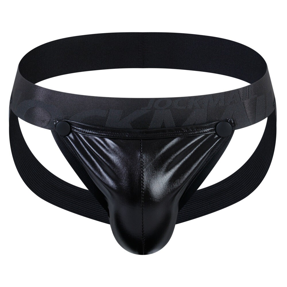 Men’s PU Rubber Coated Snap Pouch Sexy Jockstrap Underwear Lingerie Jock Strap