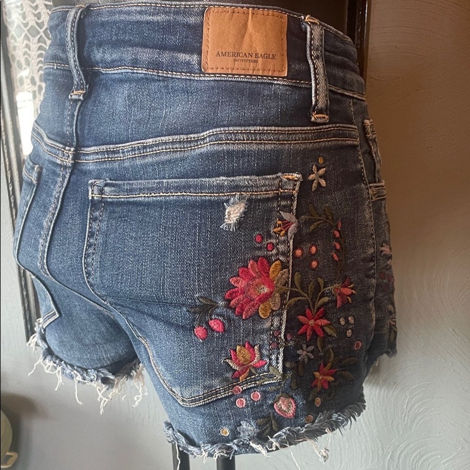 American Eagle Outfitters Dark Blue Jean Shorts with Floral Embroidery