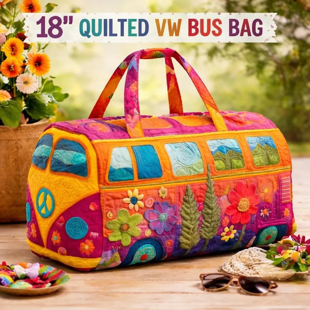 Unisex Boho Quilted Weekender Bag – Large Hippie Van Quilted Duffle Bag Carry-on