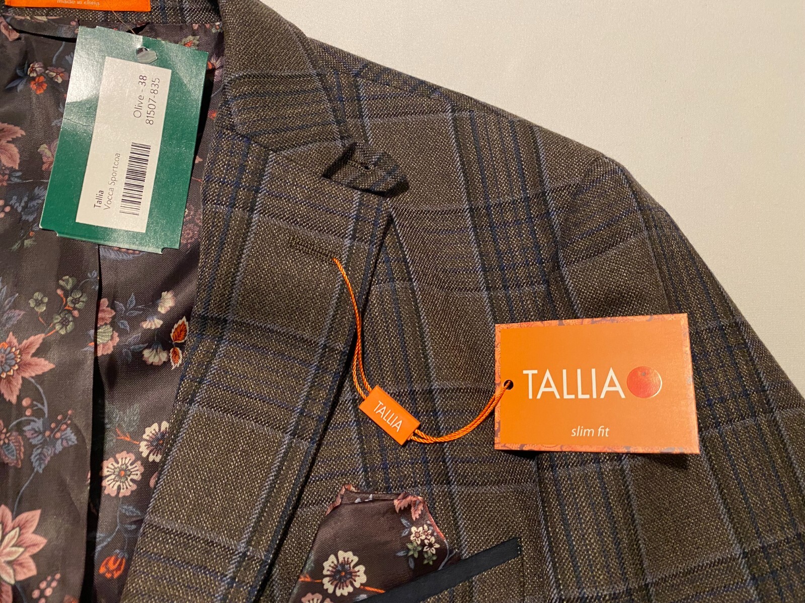 NWT Tallia Vocca Slim Halflined Plaid Men’s Sportcoat Jacket 100% Wool Size 38R