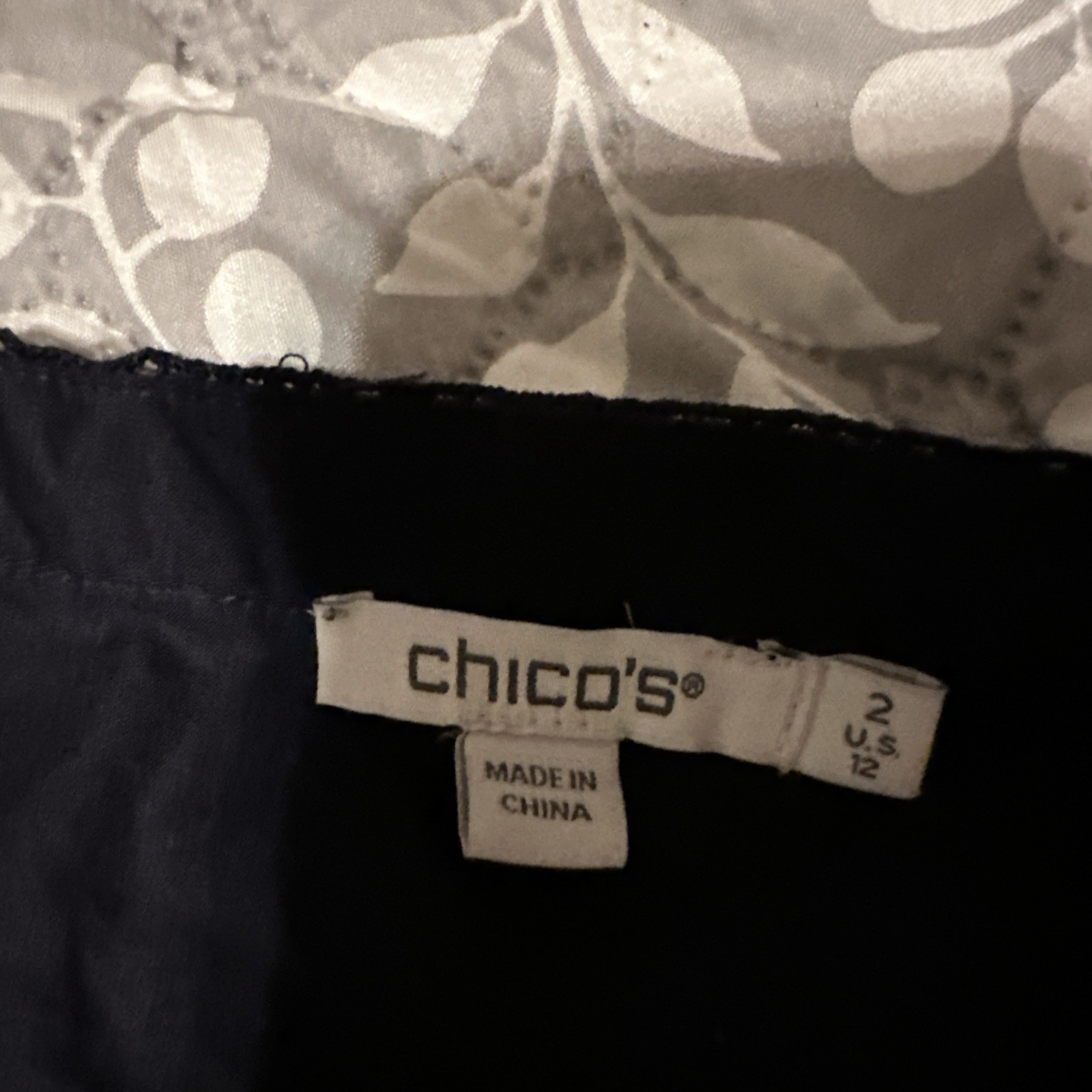 Chico’s Lace Trim Blouse Size 2 U.S 12 V Neck Long Sleeve Color Navy