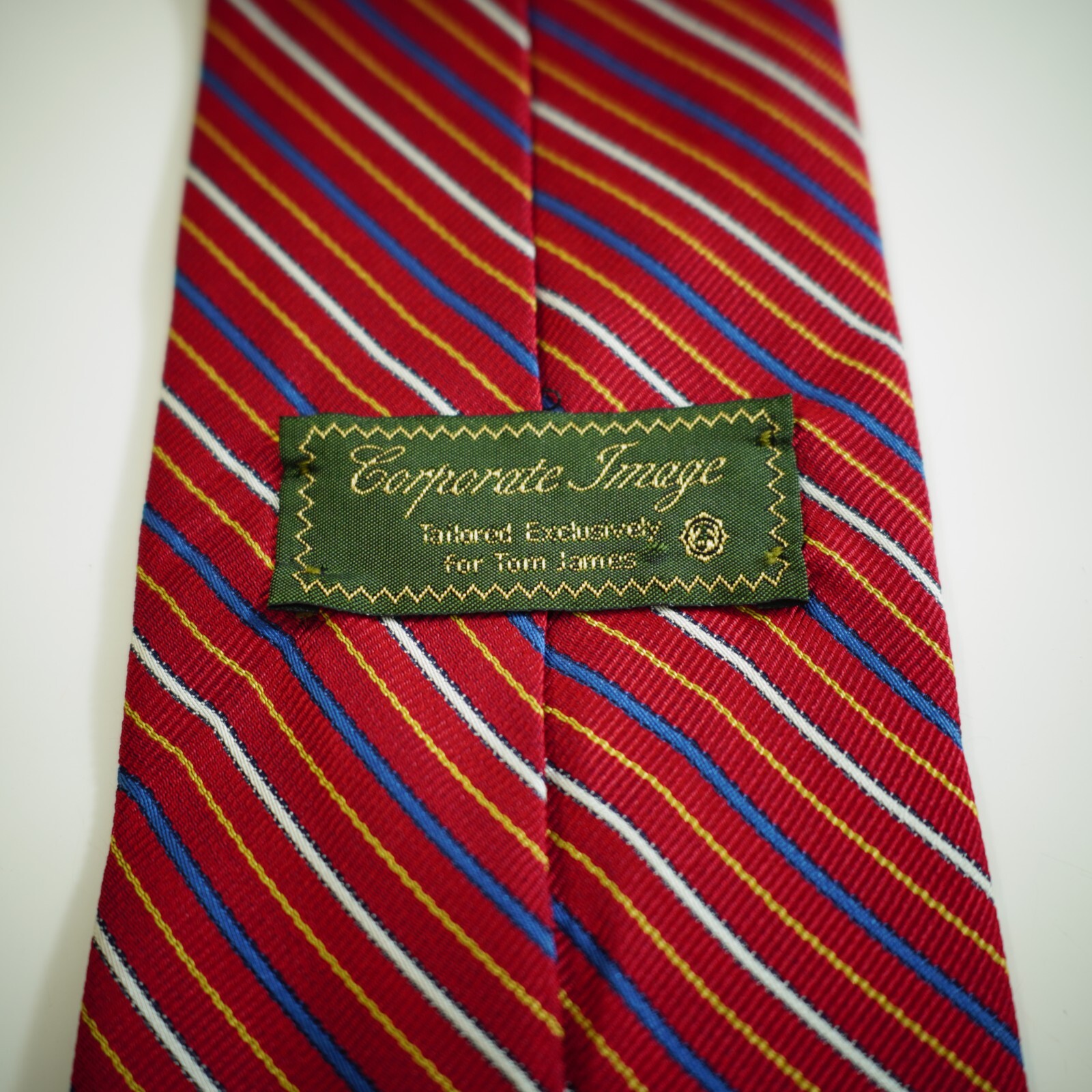 Tom James Corporate Image Red Blue White Striped Woven Wide Silk Tie