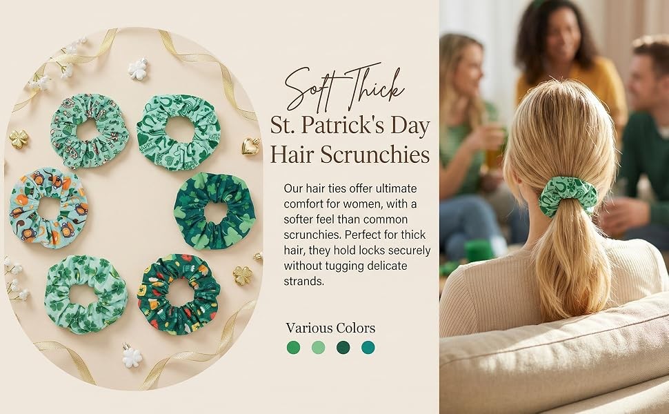 St.Patrick’s Day Scrunchies for Women & Girls, 6-pack Green Elastic Fabric Hair