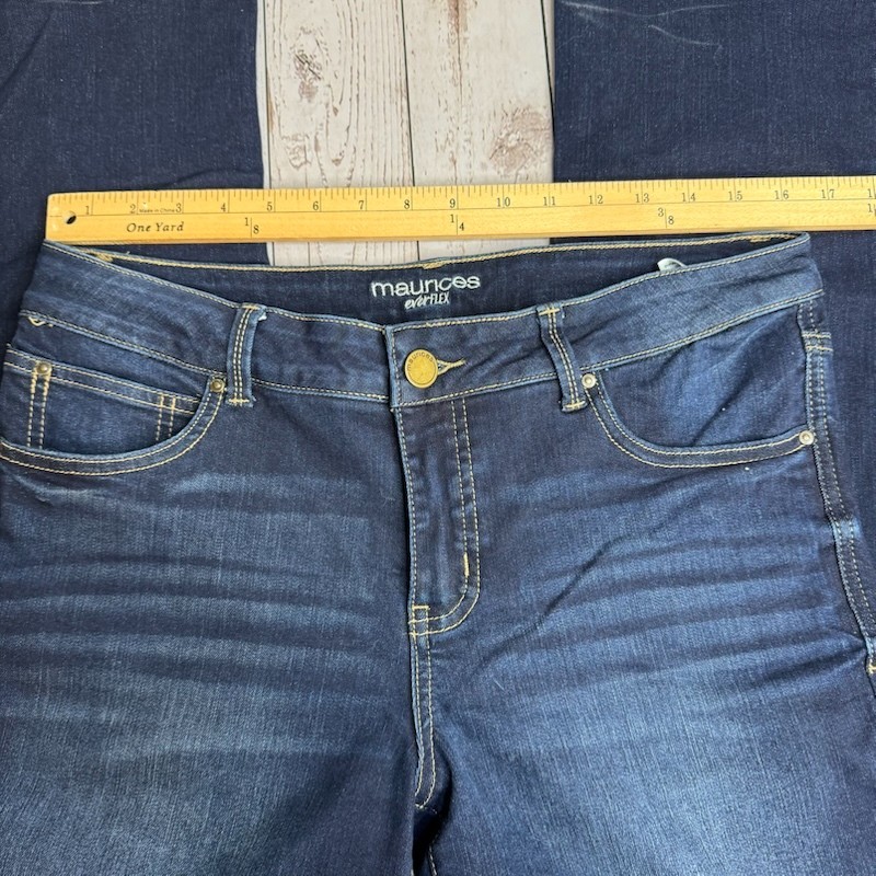 Maurices Everflex High Rise Jeans Womens 12 Reg Tapered Blue Faded Dark Wash