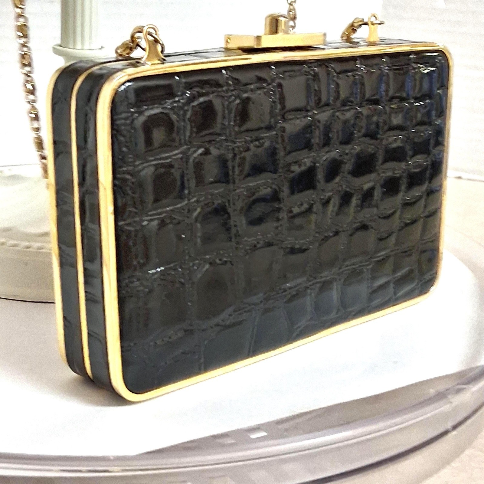 STEPHANIE Faux Black Patent Reptile Handbag / Crossbody Gold Tone Chain Strap