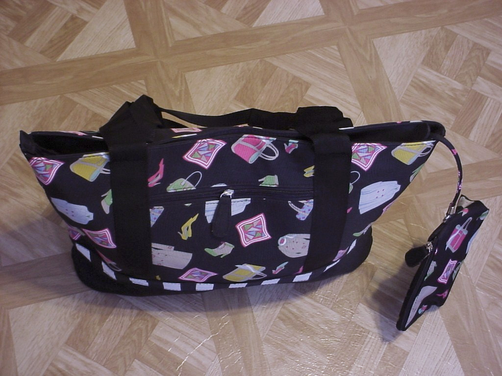 Black Multi-Color Fashion Print Tote w/Matching Cosmetic Bag 13″ x 17″ XLarge