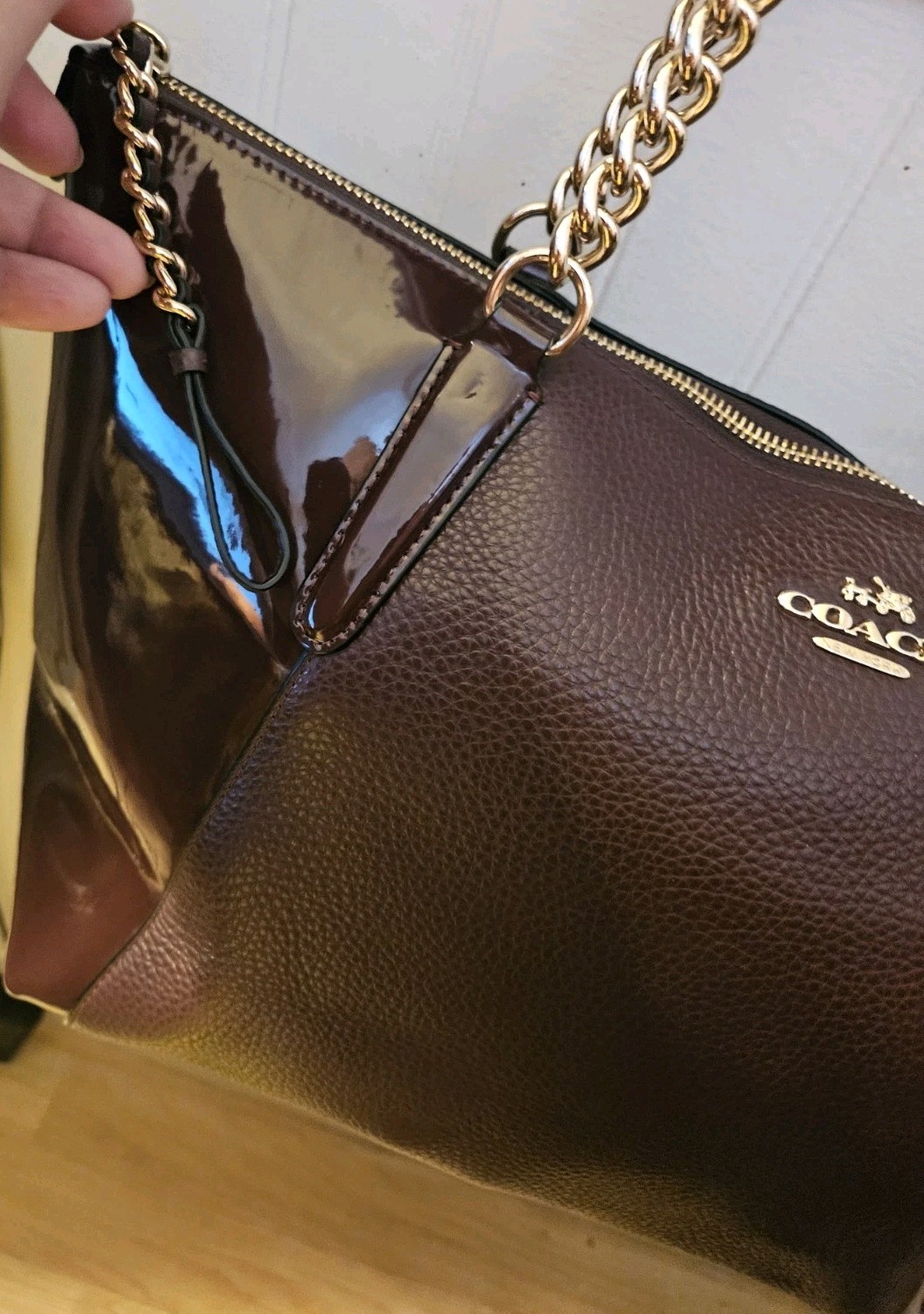 Coach Ava Burgundy Leather & Patent Leather Tote Gold Chain Velvet Interior New